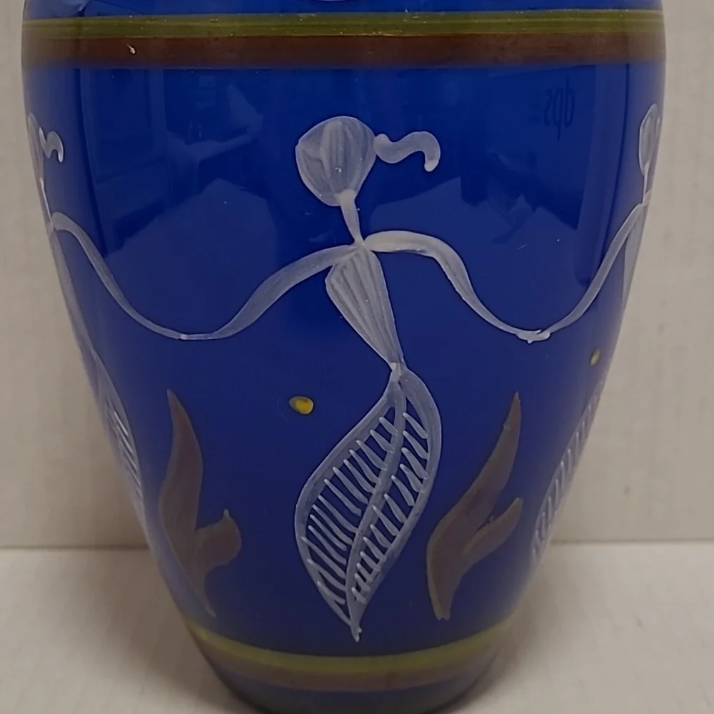 Vintage Colbalt Blue Handpainted Glass Vase